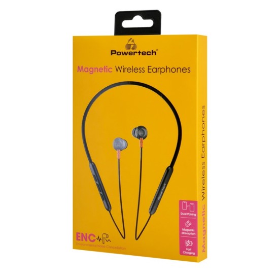 POWERTECH earphones PT-1228 με μαγνήτη, Bluetooth ENC 10mm 180mAh, μαύρα