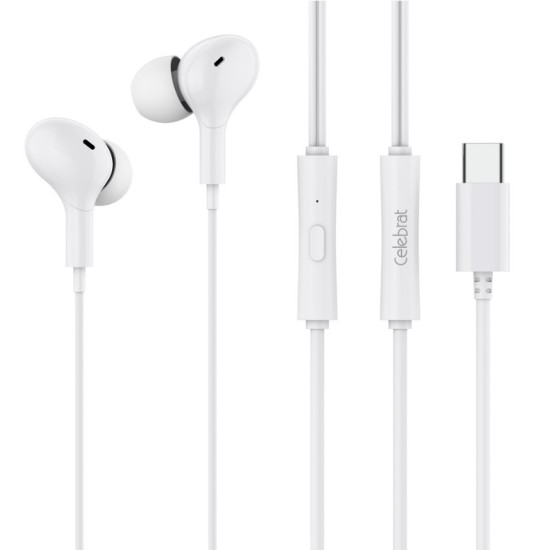 CELEBRAT earphones με μικρόφωνο D13, USB-C σύνδεση, Φ10mm, 1.2m, λευκά