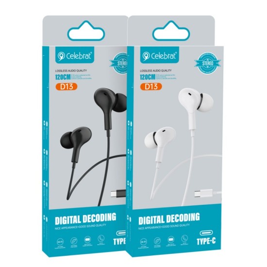CELEBRAT earphones με μικρόφωνο D13, USB-C σύνδεση, Φ10mm, 1.2m, λευκά