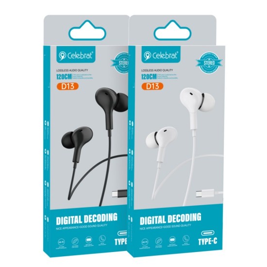 CELEBRAT earphones με μικρόφωνο D13, USB-C σύνδεση, Φ10mm, 1.2m, μαύρα
