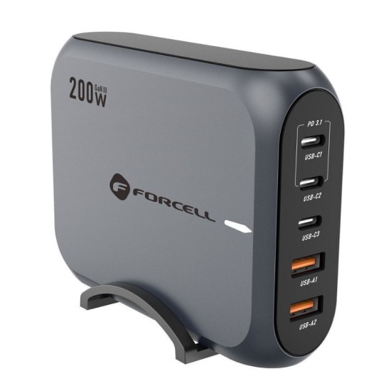 Forcell FEnergy GaN III desktop charger 3 x USB-C + 2 x USB-A QC4.0 PD 5A 200W VT-51 gray