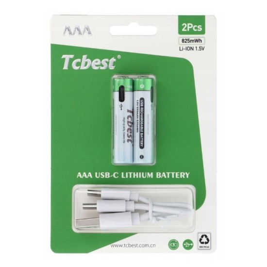TCBEST rechargable battery R3 (AAA) 550 mAh with socket Type C + cable USB A to 2 x Type C 2 pcs
