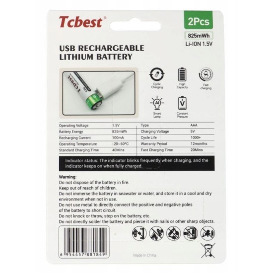 TCBEST rechargable battery R3 (AAA) 550 mAh with socket Type C + cable USB A to 2 x Type C 2 pcs