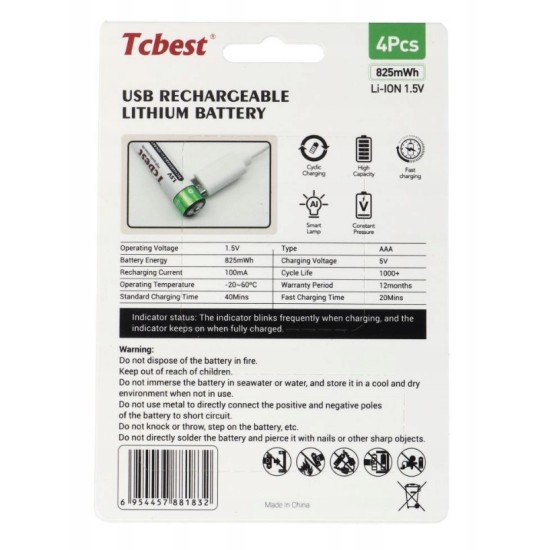 TCBEST rechargable battery R3 (AAA) 550 mAh with socket Type C + cable USB A to 4 x Type C 4 pcs TCBEST rechargable battery R3 (AAA) 550 mAh with socket Type C + cable USB A to 4 x Type C 4 pcs