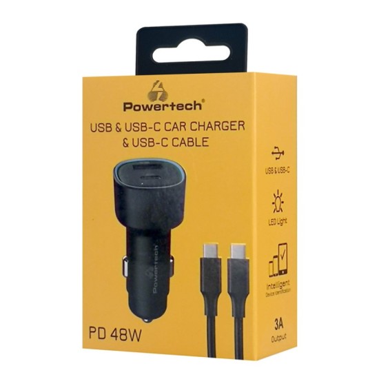 POWERTECH φορτιστής αυτοκινήτου PT-1230, καλώδιο, USB/USB-C, 48W, μαύρος
