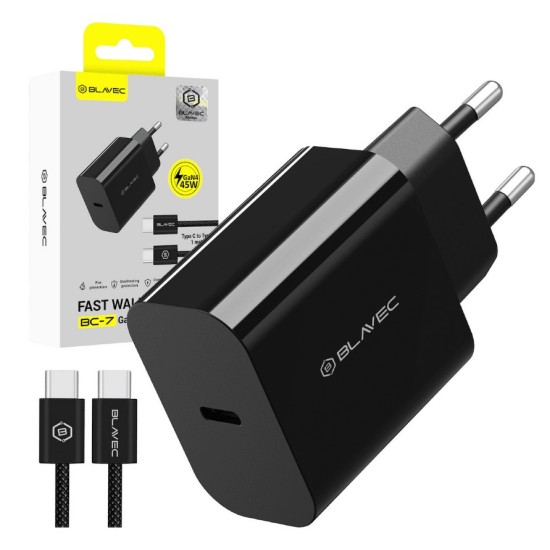 Blavec Wall charger BC-7 GaN4 - Type C - PD QC 45W 3A with Type C to Type C cable black