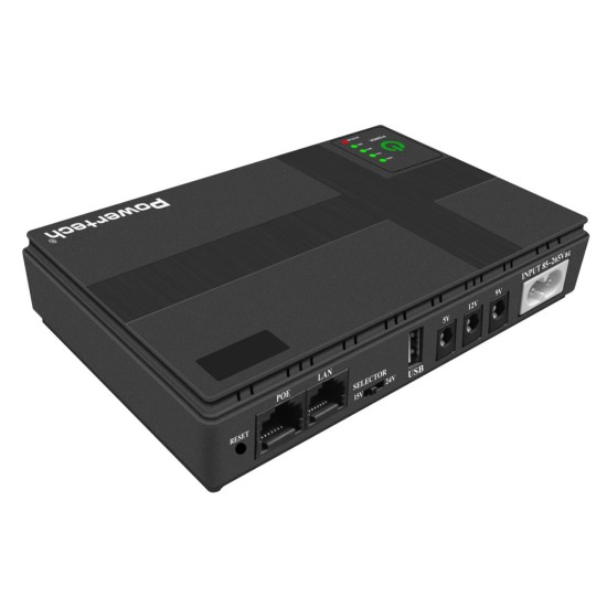 POWERTECH mini DC UPS PT-1435, 36W, 10400mAh, 3x DC, USB/LAN/POE, μαύρο