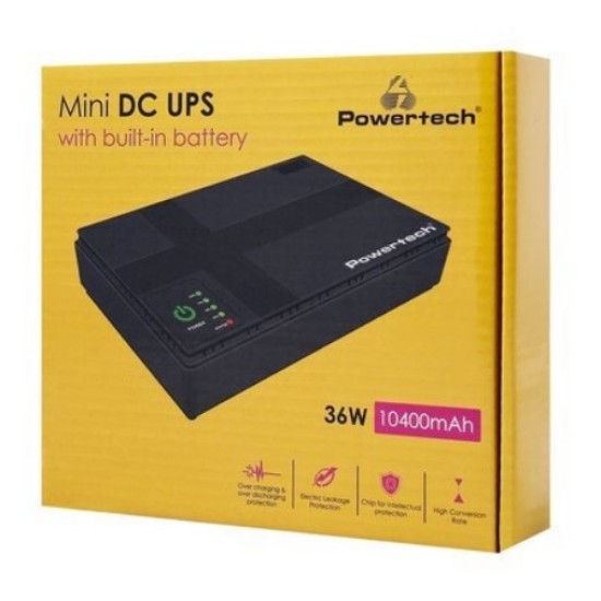 POWERTECH mini DC UPS PT-1435, 36W, 10400mAh, 3x DC, USB/LAN/POE, μαύρο