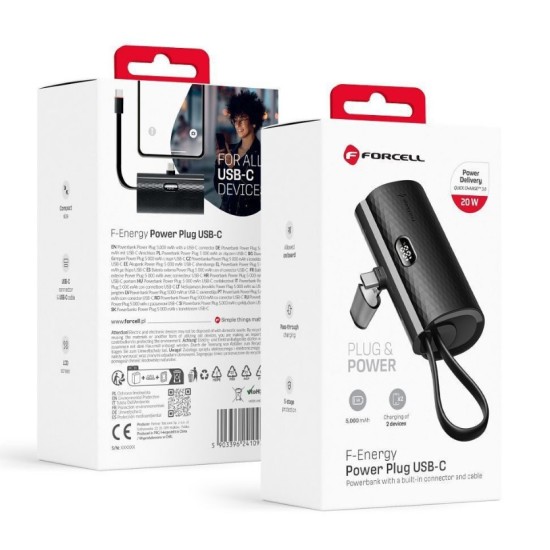 Powerbank Forcell F-Energy Power Plug F5K3 PD 20W 5000 mAh with built-in connector USB C black