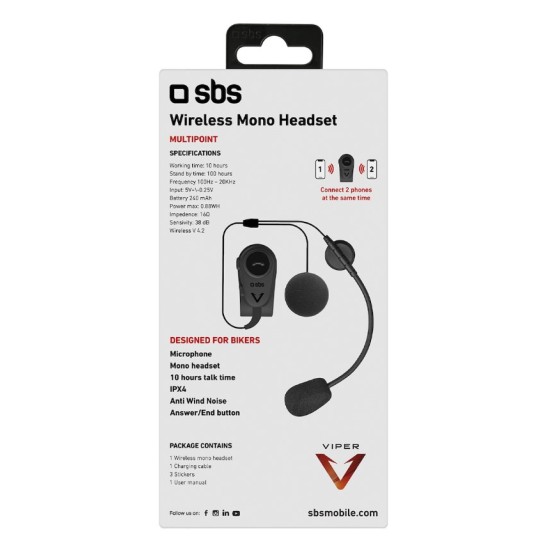 SBS TEEARSETMONOMOTOBTK mono wireless headset for motorcycle helmet - black