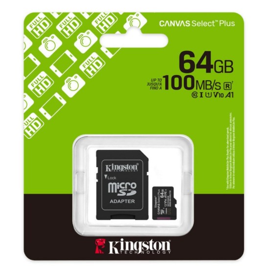Kingston Canvas Select Plus microSDXC 64GB Class 10 U1 V10 A1 με αντάπτορα