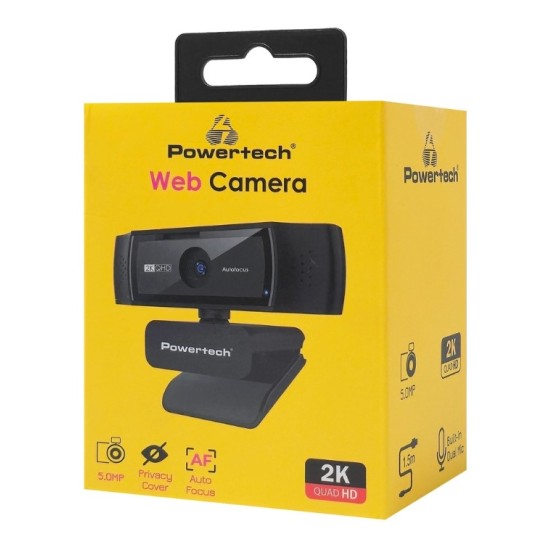 POWERTECH web camera PT-1428, 5MP, 2K QHD, αυτόματη εστίαση, 1.5m, μαύρη