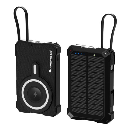 POWERTECH ηλιακό power bank PT-1505 με καλώδιο & φακό, 10000mah, magnetic wireless, 35W, μαύρο