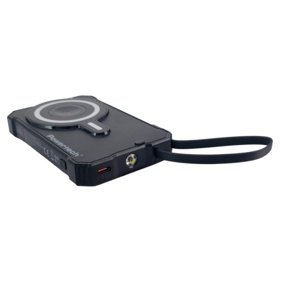 POWERTECH ηλιακό power bank PT-1505 με καλώδιο & φακό, 10000mah, magnetic wireless, 35W, μαύρο