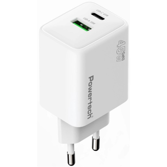 POWERTECH φορτιστής τοίχου PT-1551, USB/USB-C, 45W, GaN, AVS, λευκός