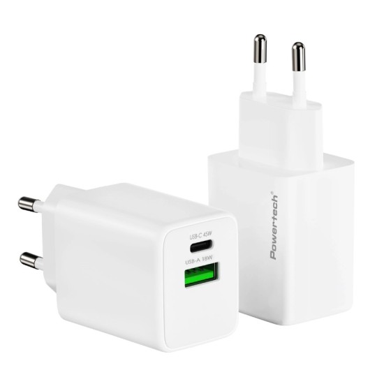 POWERTECH φορτιστής τοίχου PT-1551, USB/USB-C, 45W, GaN, AVS, λευκός