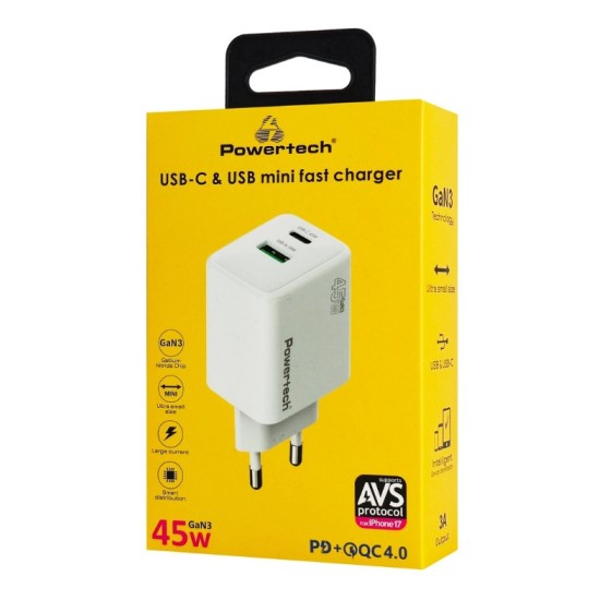 POWERTECH φορτιστής τοίχου PT-1551, USB/USB-C, 45W, GaN, AVS, λευκός