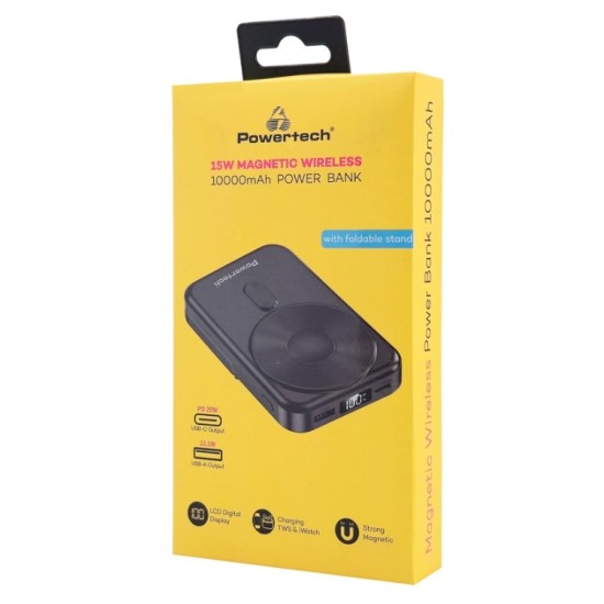POWERTECH power bank με οθόνη PT-1416, 10000mah, magnetic wireless, 22.5W, μαύρο