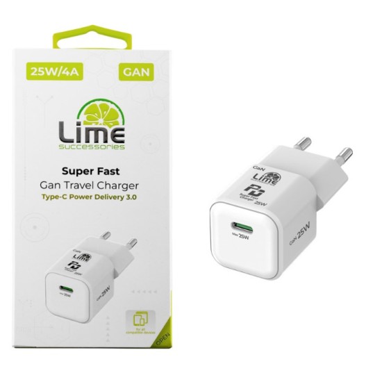 LIME TYPE C MINI GAN PD 3.0 SUPER FAST TRAVEL LGC25W 25W 5V 4.0A/ 9V 2.77A/ 12V 2.08A WHITE