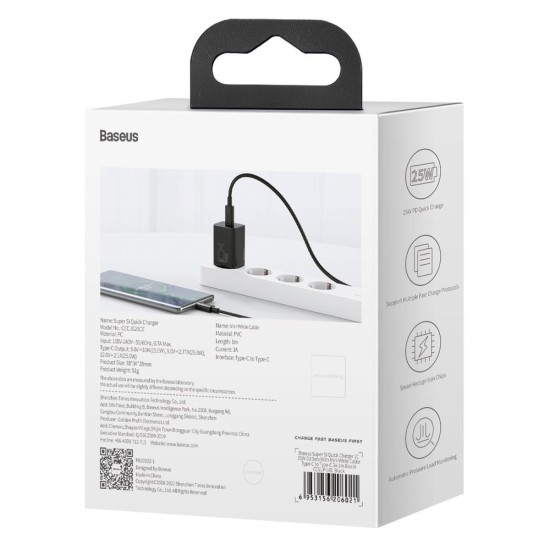 Baseus Γρήγορος Φορτιστής Τοίχου Super Si 1C USB Type-C 25W PD 3A 1m Μαύρο