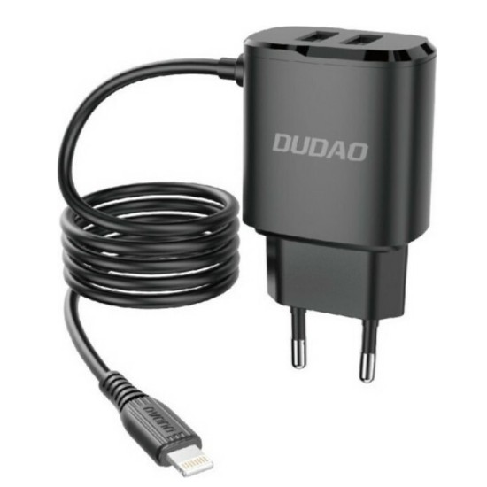 Φορτιστής Dudao 2x USB wall charger with built-in 12W Lightning cable (A2ProL black) Μαύρο
