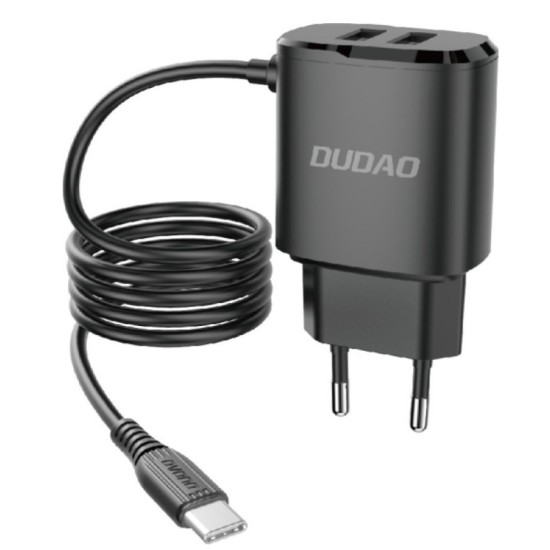 Φορτιστής Dudao charger 2x USB with built-in USB Type C cable 12 W (A2ProT black) Μαύρο