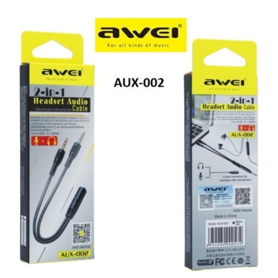 AWEI καλώδιο 3.5mm θηλυκό σε 2x 3.5mm αρσενικό AUX-002, 0.20m, μαύρο
