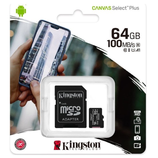 Kingston SDCS2/64GB CANVAS SELECT Plus 64GB Micro SDXC 100R A1 C10 CARD + SD Adapter