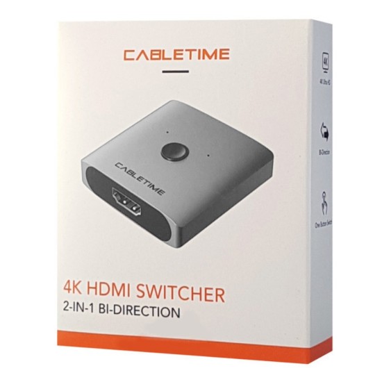 Cabletime HDMI 2.0 Switch CTHS4K, με κουμπί, 2 In 1, 4K, Γκρι