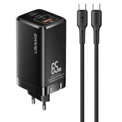 Usams φορτιστής τοίχου MTXLOGTC01 Gan με καλώδιο, 3xUSB, 65W, Μαύρο