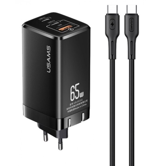 Usams φορτιστής τοίχου MTXLOGTC01 Gan με καλώδιο, 3xUSB, 65W, Μαύρο