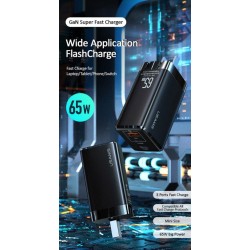 Usams φορτιστής τοίχου MTXLOGTC01 Gan με καλώδιο, 3xUSB, 65W, Μαύρο