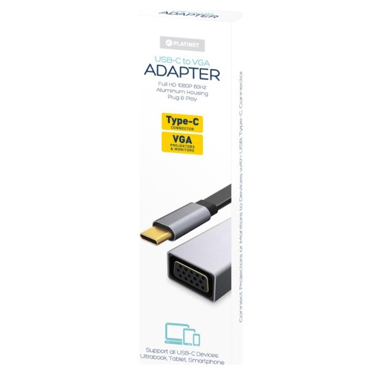 Adaptor HQ USB Type C to VGA 1080 60Hz Platinet Γκρι