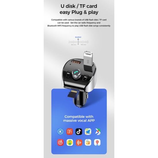 Joyroom FM transmitter με οθόνη JR-CL02, 2x USB, SD card, 18W, Μαύρο