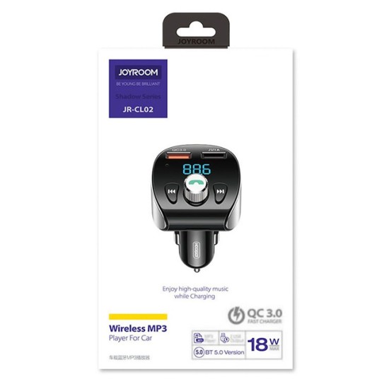Joyroom FM transmitter με οθόνη JR-CL02, 2x USB, SD card, 18W, Μαύρο