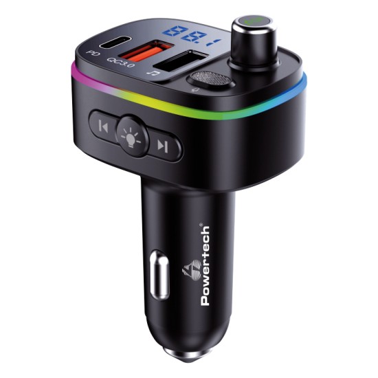 Powertech FM Transmitter PT-958 με οθόνη, RGB, QC3.0, Bluetooth, Μαύρο