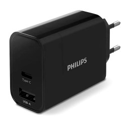 Philips φορτιστής τοίχου DLP2621-12, USB & Type-C, 30W, Μαύρο