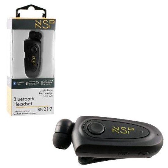 NSP Bluetooth BN219 Retractable Clip On Headset V5.0 (2 Συσκευών) Vibration + Anti-Lost Μαύρο
