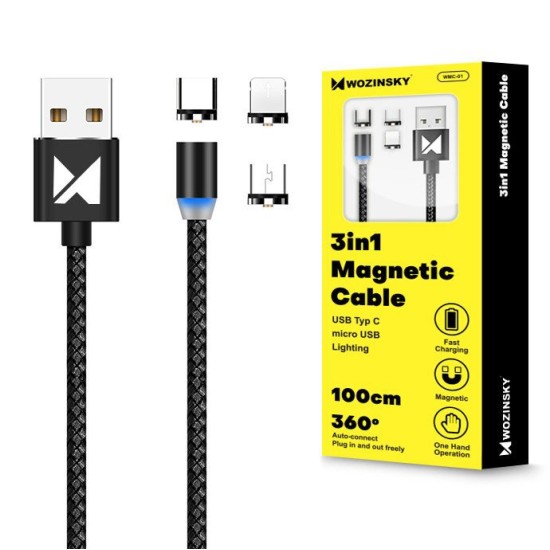 Wozinsky Magnetic Cable USB / micro USB / USB Typ C / Lightning 1m with LED light (WMC-01) Μαύρο