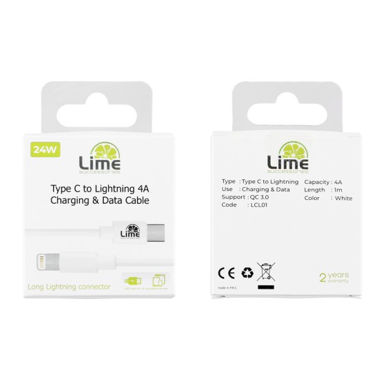 Lime Regular USB 2.0 Cable USB-C male - Lightning longer tip 1m (LCL01) Λευκό