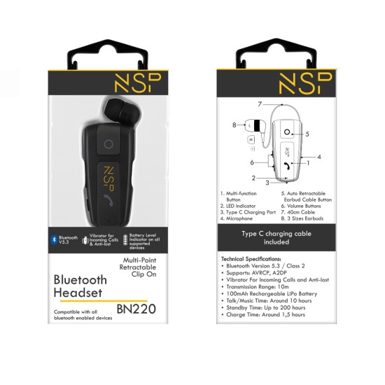 NSP BN220 In-ear Bluetooth Handsfree Ακουστικό Πέτου Μαύρο