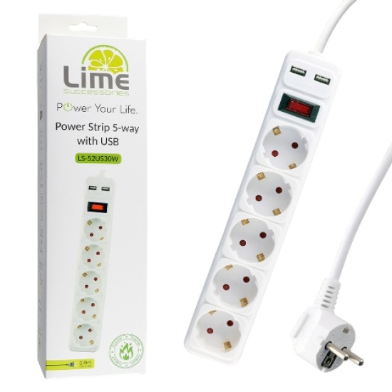 LIME ΠΟΛΥΠΡΙΖΟ 5 ΣΟΥΚΟ + 2 USB 3.5A LS-52US30W ΜΕ ΔΙΑΚΟΠΤΗ - ΠΑΙΔΙΚΗ ΠΡΟΣΤΑΣΙΑ ΥΠΕΡΤΑΣΗΣ & ΥΠΕΡΦΟΡΤ