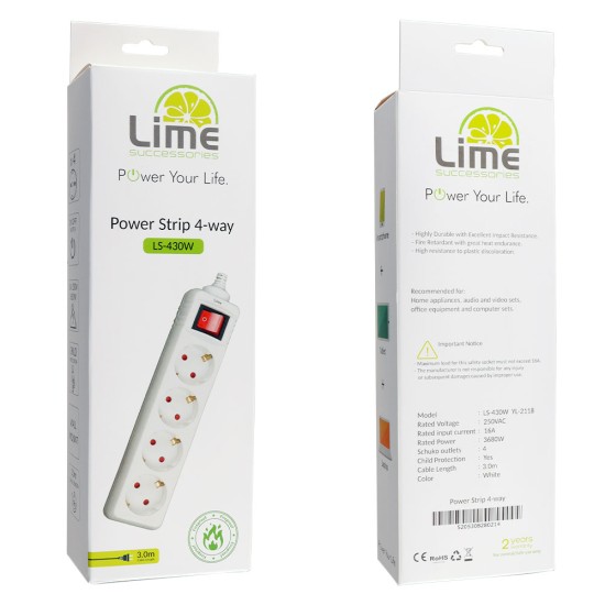 LIME ΠΟΛΥΠΡΙΖΟ 4 ΣΟΥΚΟ LS-430W ΜΕ ΔΙΑΚΟΠΤΗ-ΠΑΙΔΙΚΗ ΠΡΟΣΤΑΣΙΑ (3x1.5mm2) 3.0m ΑΣΠΡΟ