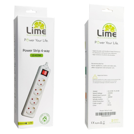 LIME ΠΟΛΥΠΡΙΖΟ 4 ΣΟΥΚΟ LS-415W ΜΕ ΔΙΑΚΟΠΤΗ-ΠΑΙΔΙΚΗ ΠΡΟΣΤΑΣΙΑ (3x1.5mm2) 1.5m ΑΣΠΡΟ