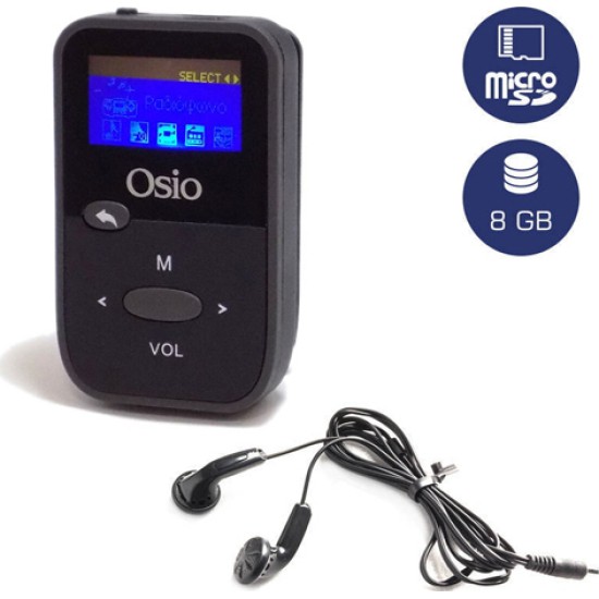 Osio MP3 Player-FM Radio Με Οθονη κ Κλιπ Ζωνης Μαυρο