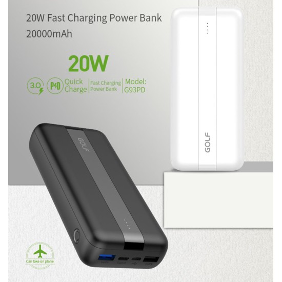 GOLF power bank G93PD, 20000mAh, 3x output, 20W, PD & QC 3.0, μαύρο GOLF power bank G93PD, 20000mAh, 3x output, 20W, PD & QC 3.0, μαύρο