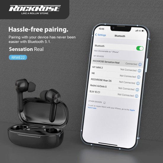 ROCKROSE earphones Sensational Real, θήκη φόρτισης, True Wireless, μαύρα