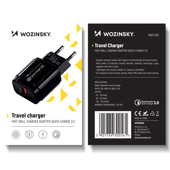 Wozinsky USB Quick Charge charger (WWC-B02) Μαύρο