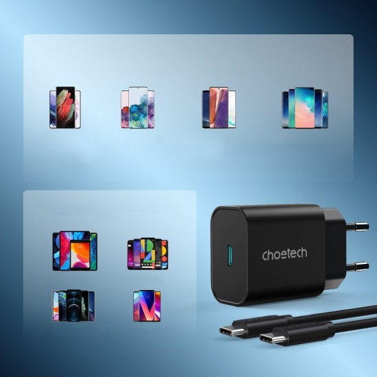 Choetech fast PPS Power Delivery 25W 3A wall charger + USB Type C cable 2m PD6003 Μαύρο