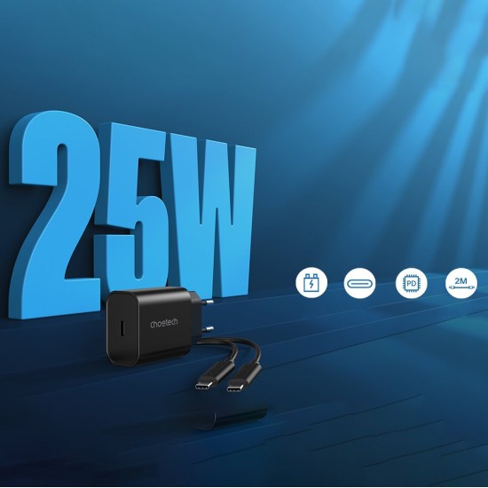 Choetech fast PPS Power Delivery 25W 3A wall charger + USB Type C cable 2m PD6003 Μαύρο